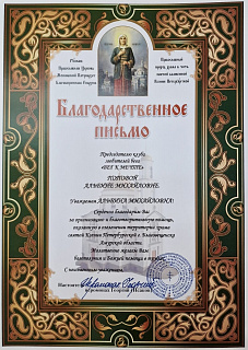 Благодарственное письмо за организацию и благотворительность 